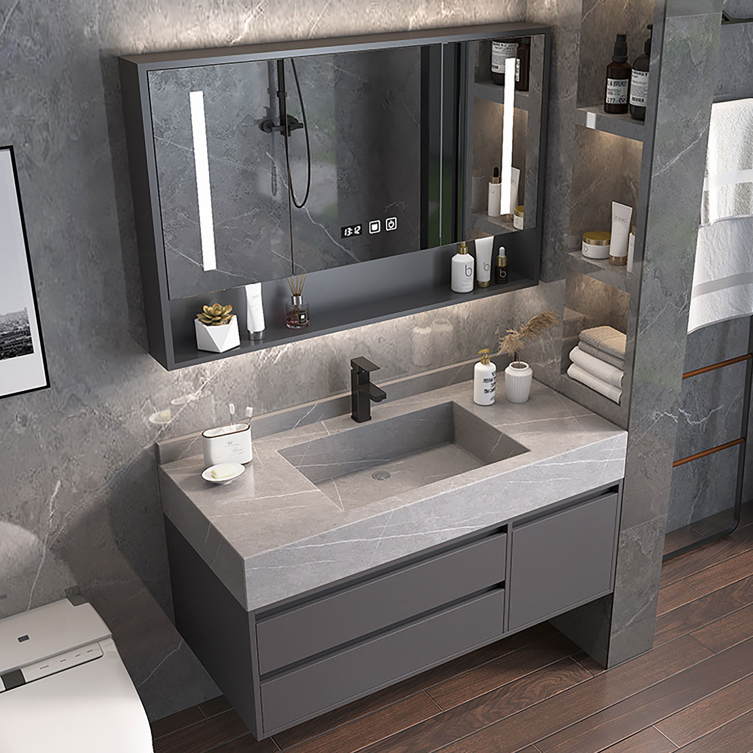 Modern Grey Wandmontage Buedzëmmer Vanity Hotel Massiv Holz Washroom Späicherkabinett Set Marmer Floating Vanity (1)