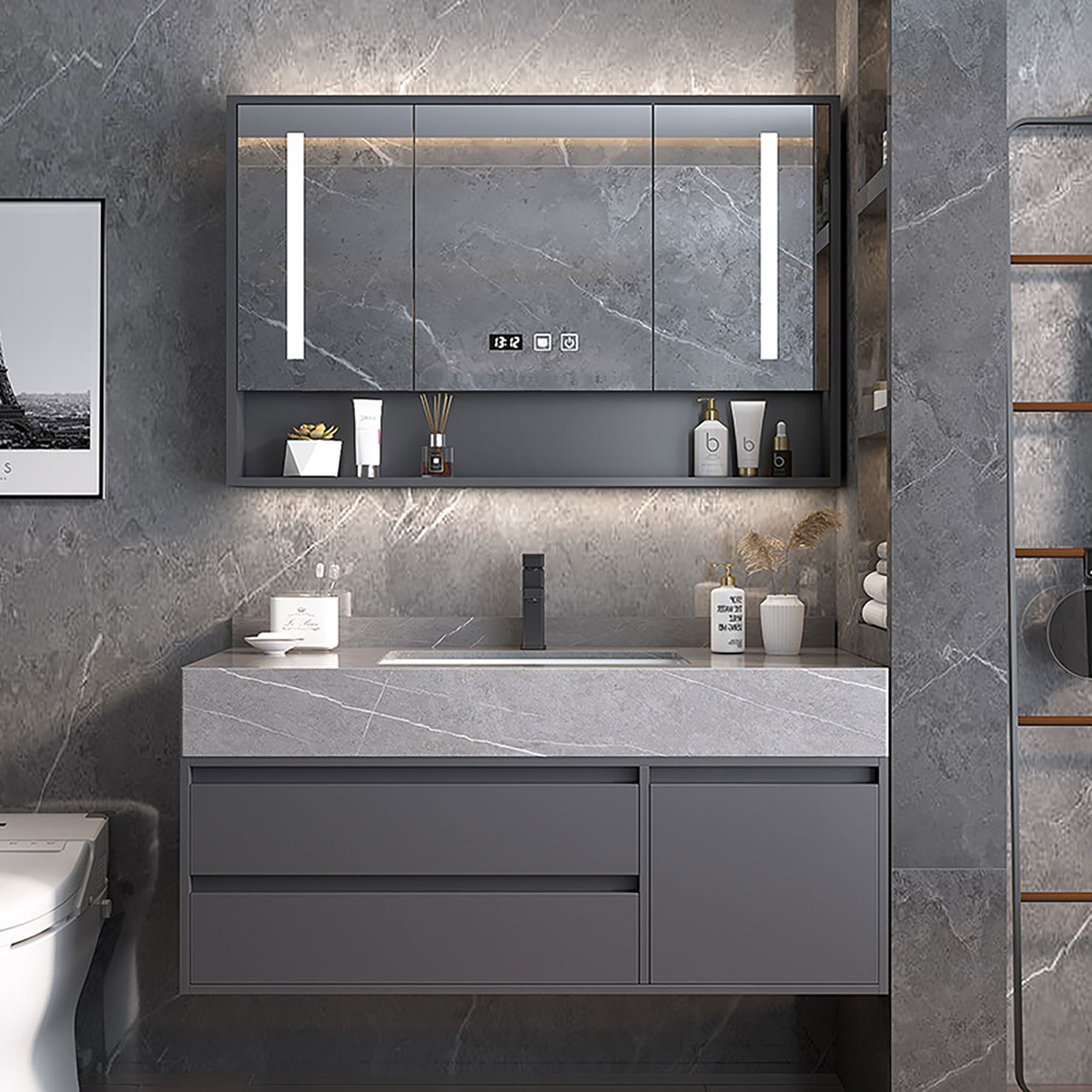 Modern Grey Wall Mount Bathroom Vanity Hotel Solid Wood Washroom Storage Cabinet Set Marble Floating Vanity (2)