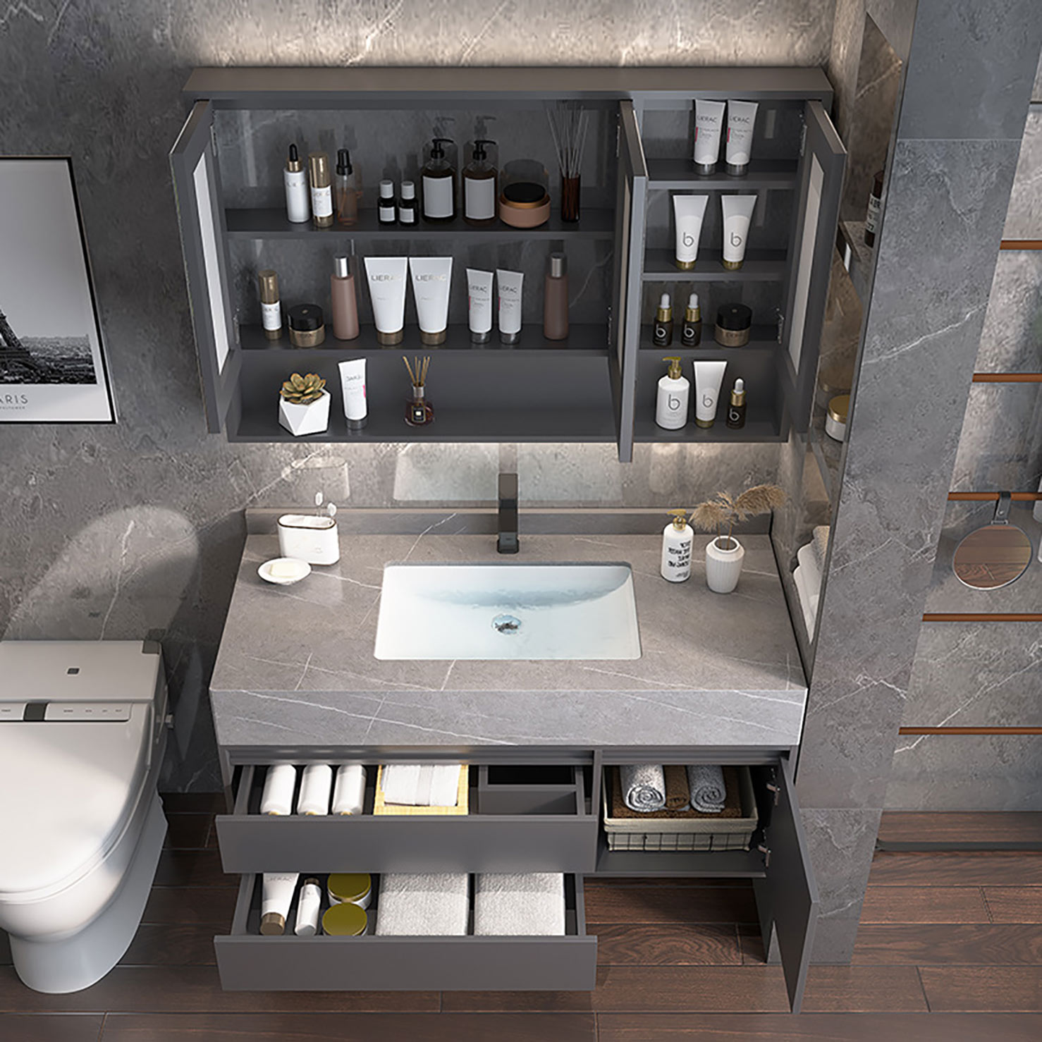 Modern Grey Wandmontage Buedzëmmer Vanity Hotel Massiv Holz Washroom Späicherkabinett Set Marmer Floating Vanity (4)