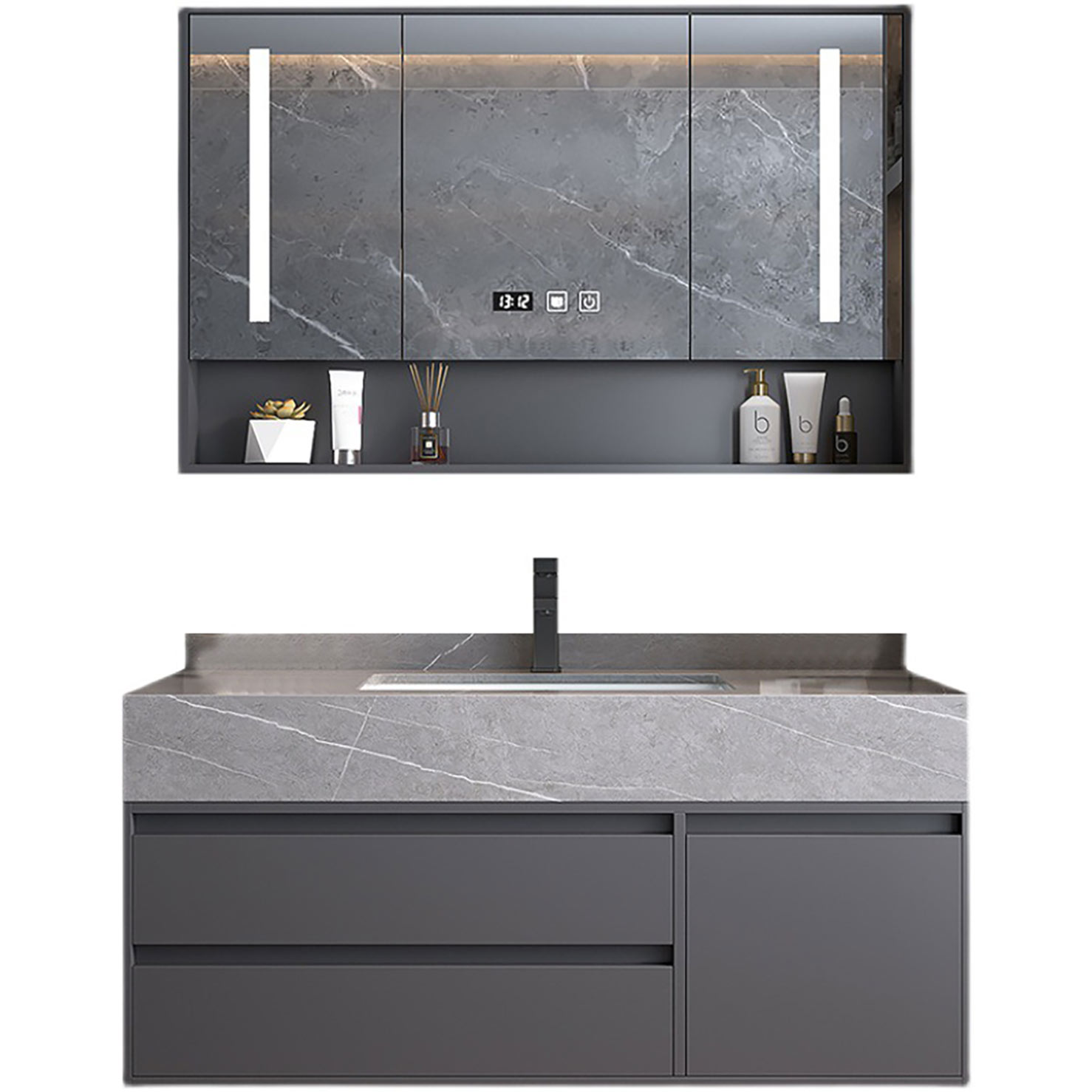 Modernong Gray Wall Mount Banyo Vanity Hotel Solid Wood Washroom Storage Cabinet Set Marble Floating Vanity (5)