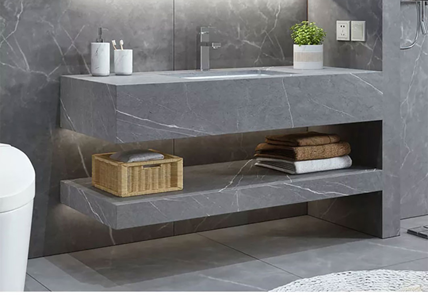 Vasque Marbre Noir Solid Surface Porcelain Sink หินประดิษฐ์ตู้อ่างล้างหน้าแขวนผนังห้องน้ำ Vanity อ่างล้างจานคู่ (5)