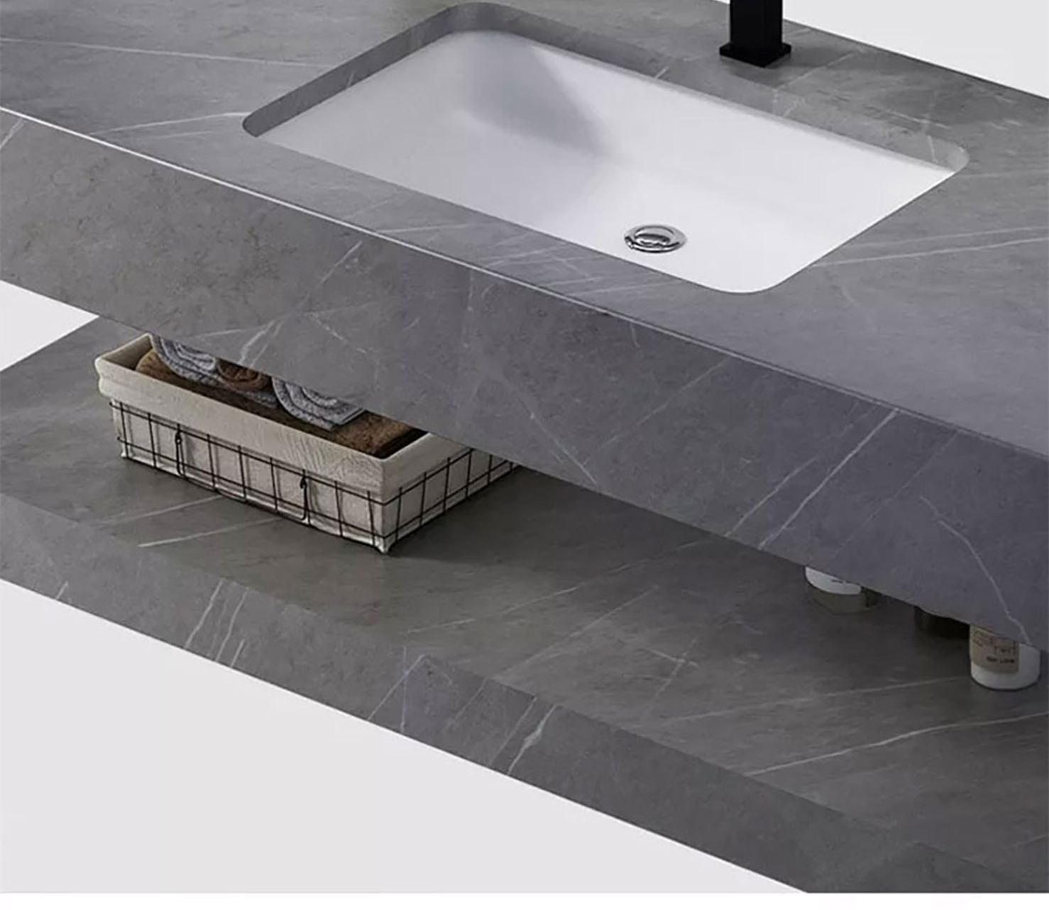 Vasque Marbre Noir Solid Surface Porcelain Sink د مصنوعي ډبرې کابینې بیسن دیوال ځوړند تشناب وینټي ډبل سینک (8)